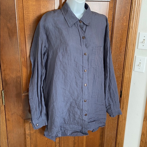 Petalura European Washed Linen Natural Button Down Shirt in Slate Blue.tunic 1X - Picture 3 of 11